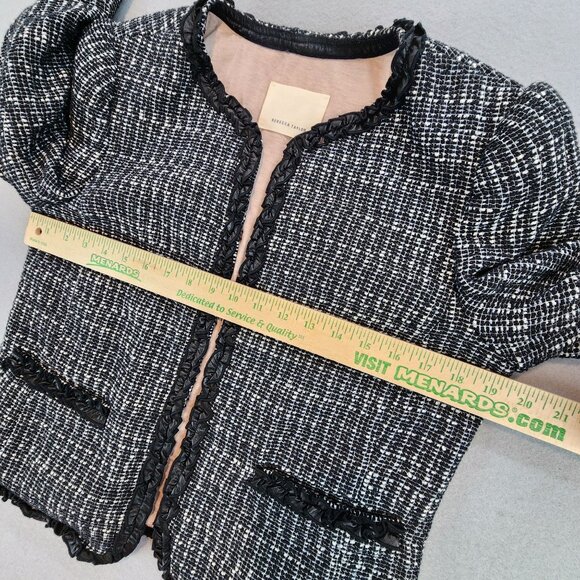 Rebecca Taylor Tweed Ruffle Ribbon Hem Open Front Blazer Jacket Black White sz L - Picture 2 of 11